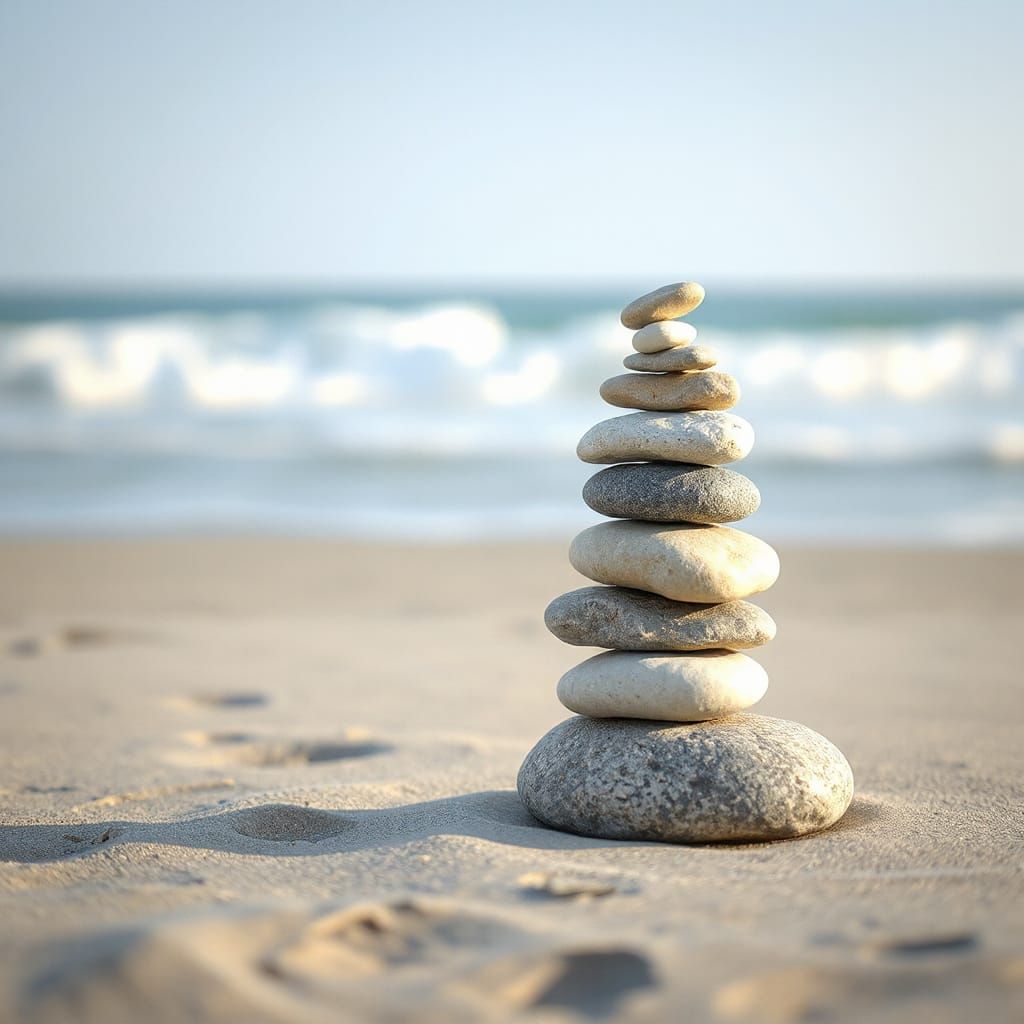 Balanced Stones on Beach in Serene Photographic Style