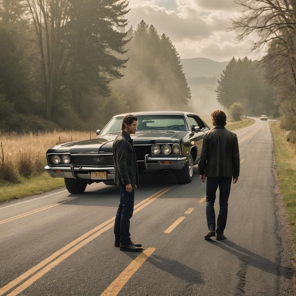 Two Men Beside a Road with 1967 Black Impala