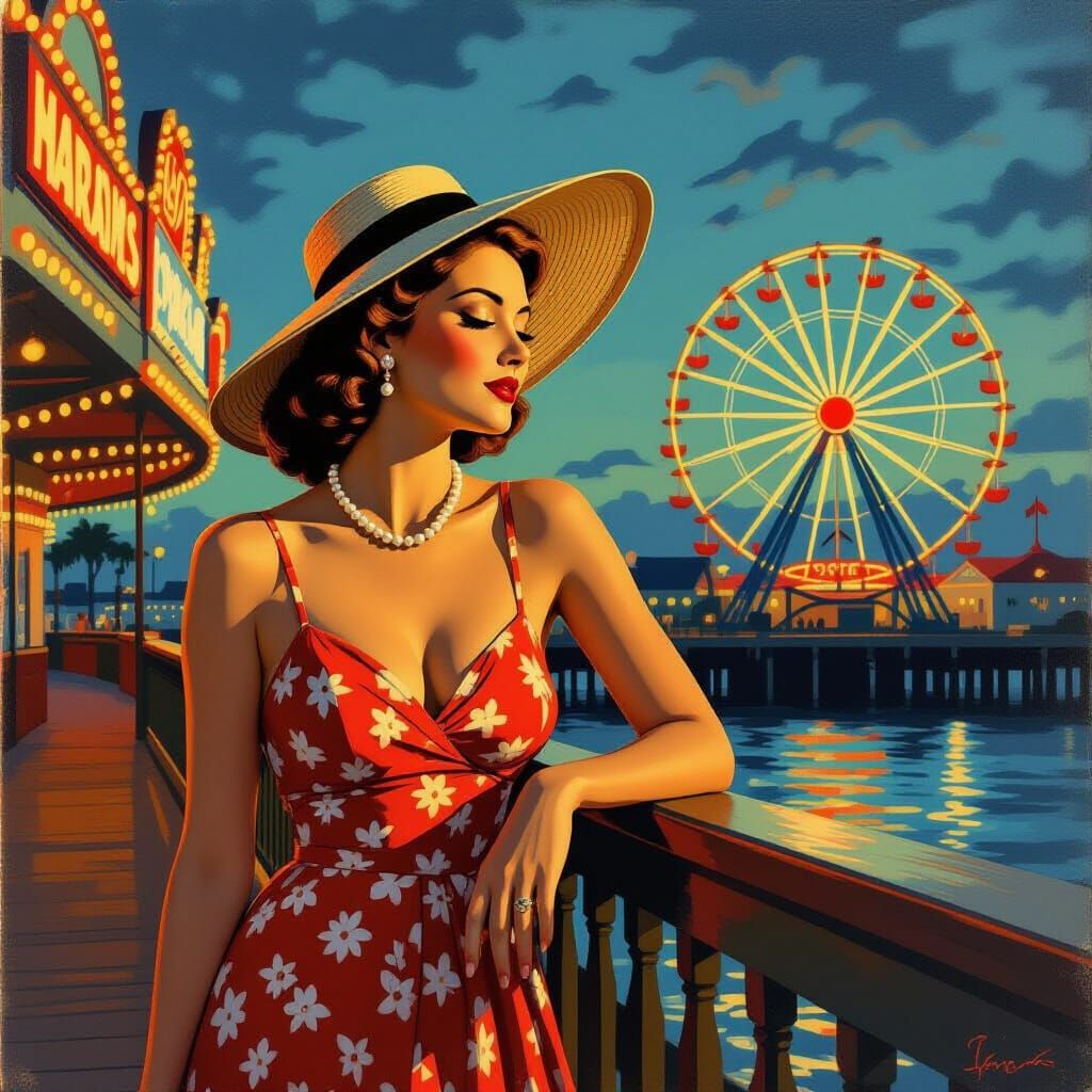 1940s Woman on Boardwalk in American Realism Style