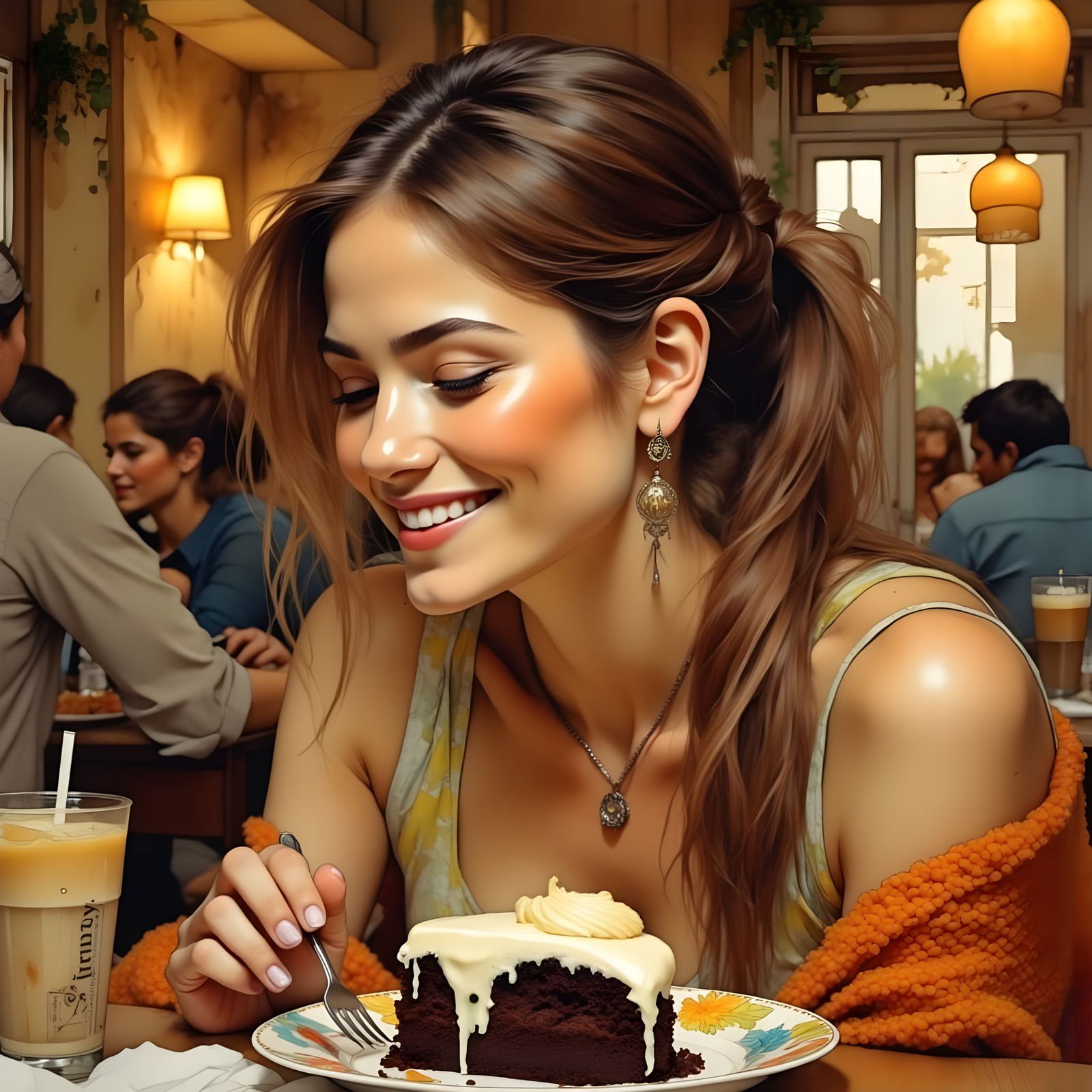Woman in Rapturous Anticipation Over Chocolate Cake in Cozy ...