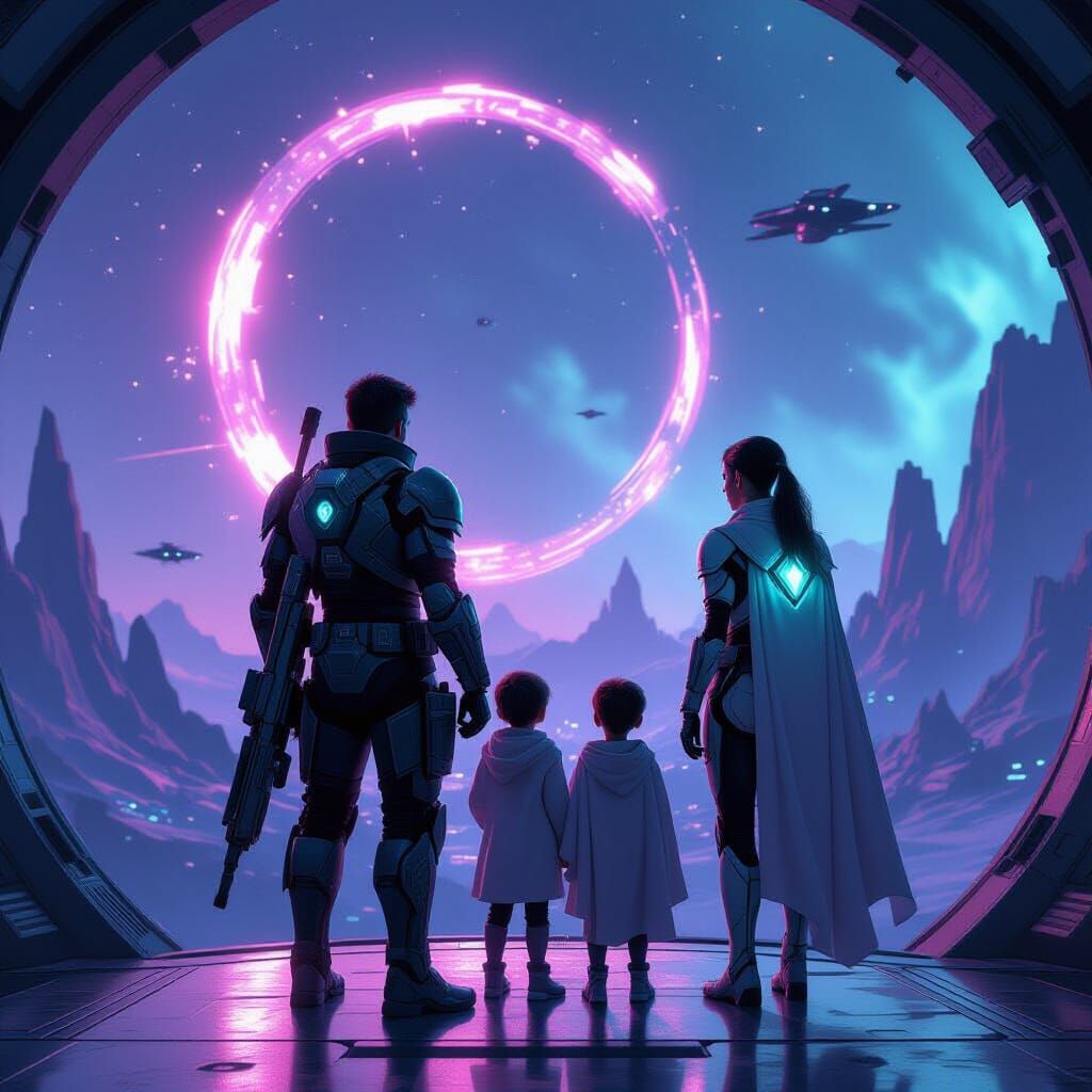 Family Overlooking Shattered Ring World in Sci-Fi Style