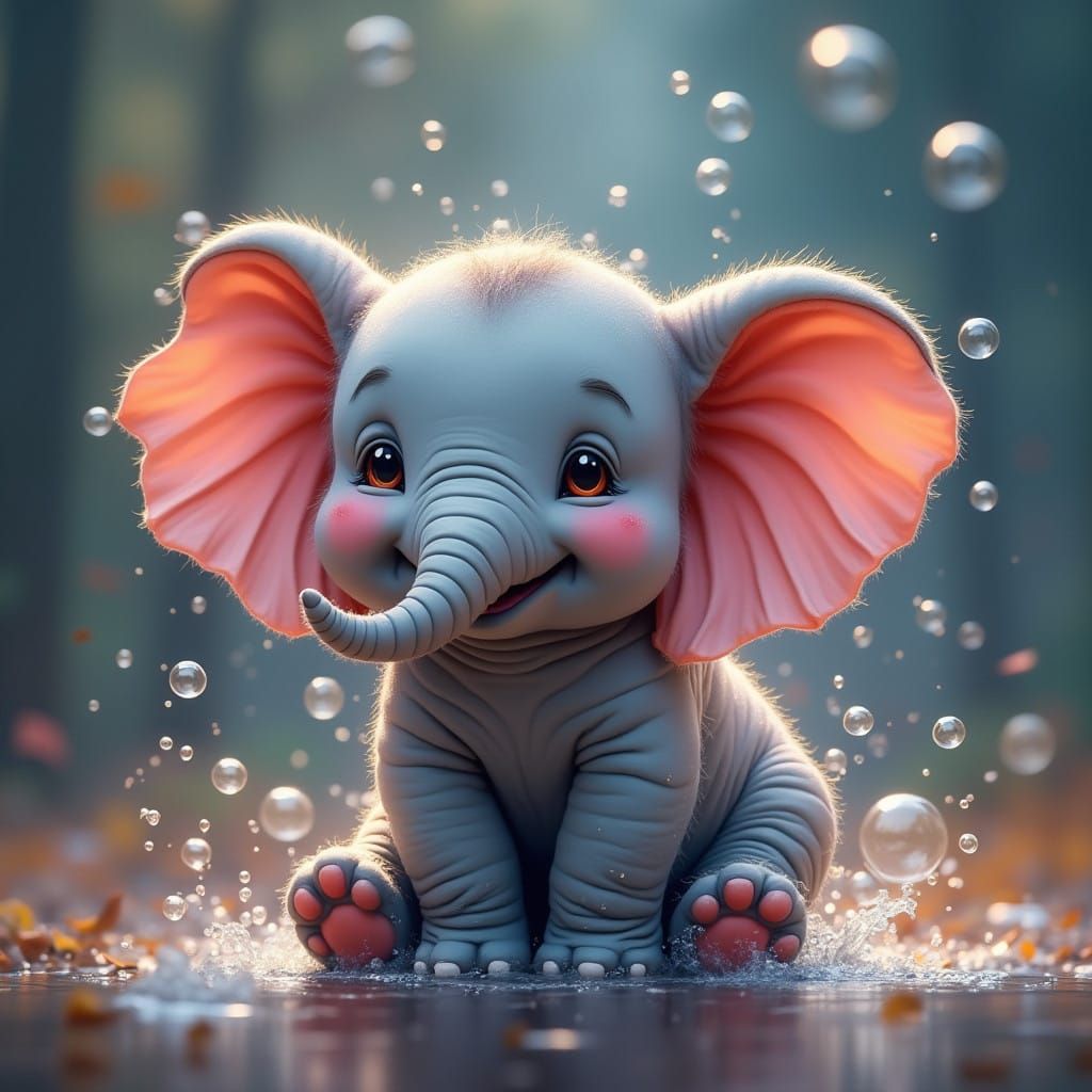 Kawaii Baby Elephant Blowing Bubbles in a Colorful Scene