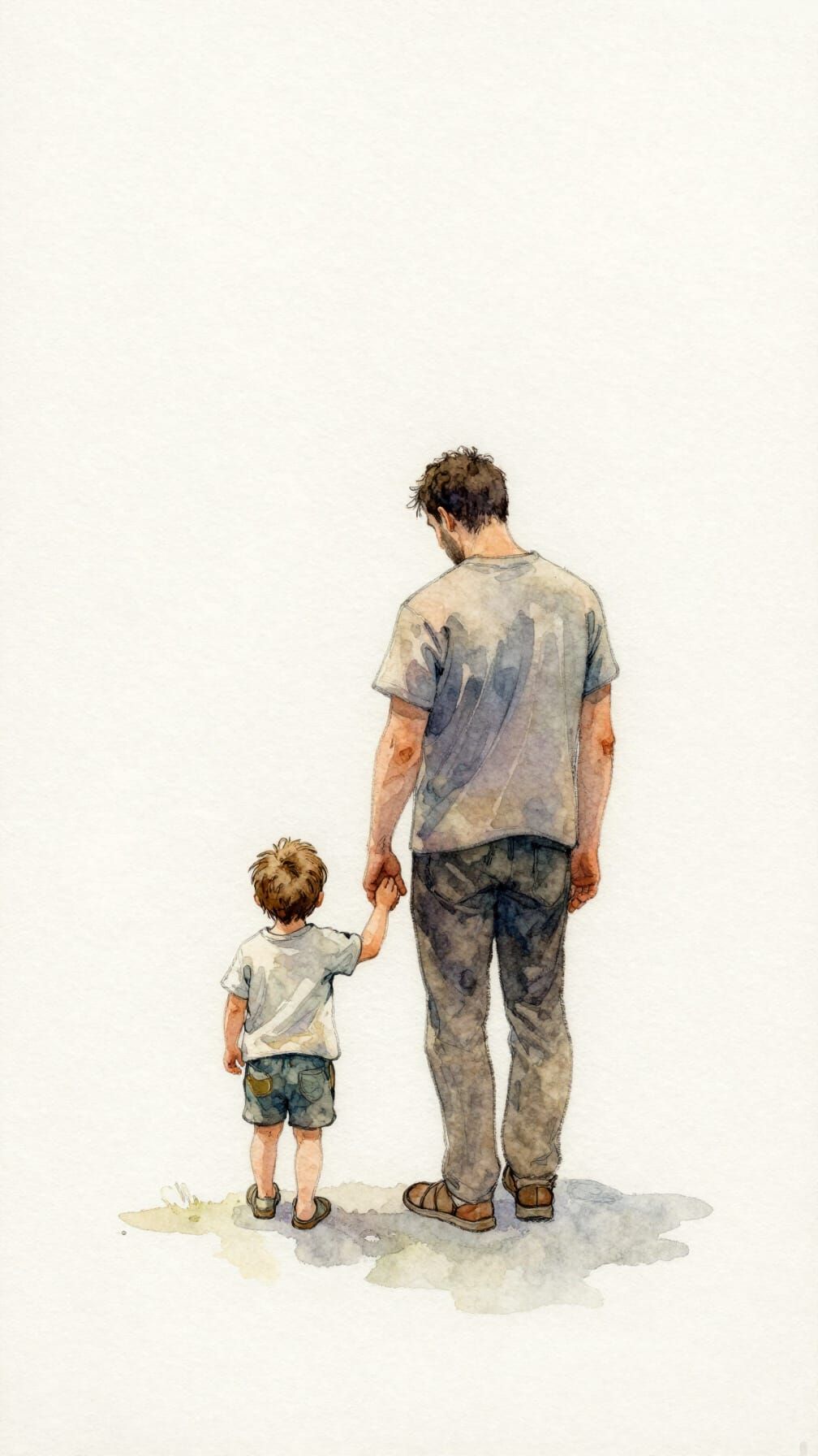 Father and Son Holding Hands, Minimalist Watercolor