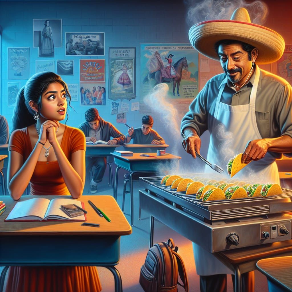 Taco Vendor Surprise in Classroom, Matte Painting