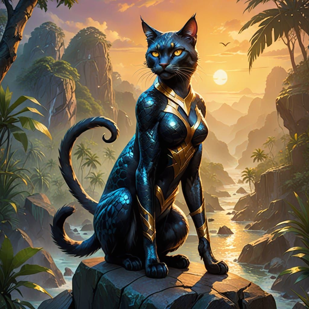 Exotic Feline Hybrid in Misty Jungle Concept Art