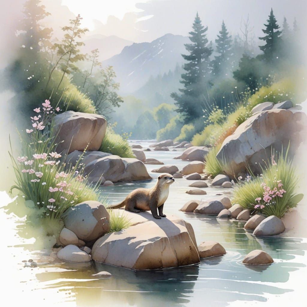 Playful Otter in Sparkling River: Pastel Watercolor Art