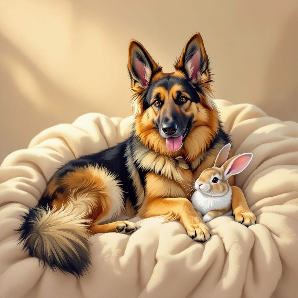 Whimsical German Shepherd Rabbit Hybrid on Cozy Blanket