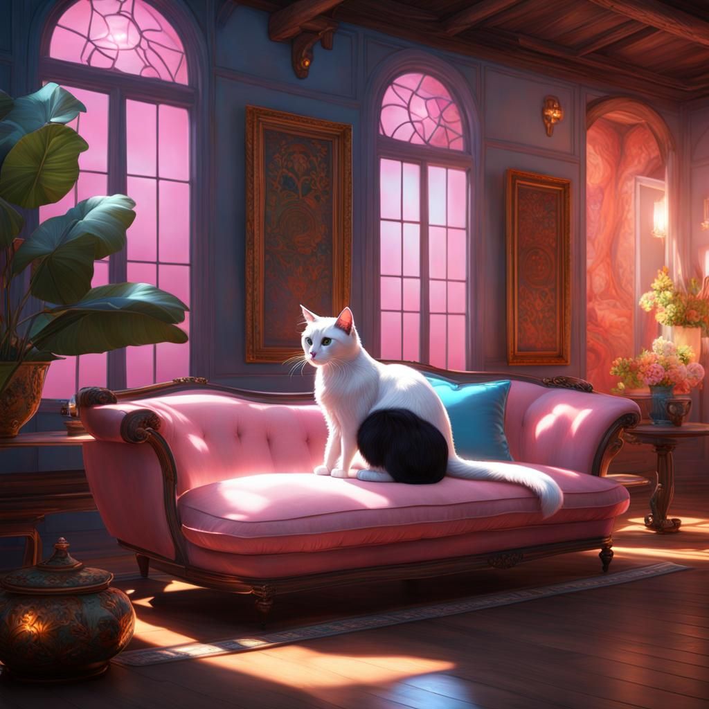 White Cat with Fish Toy, Hyperdetailed Concept Art