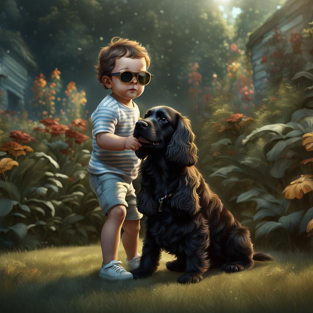 Baby Boy with Dog: Detailed Fantasy Art