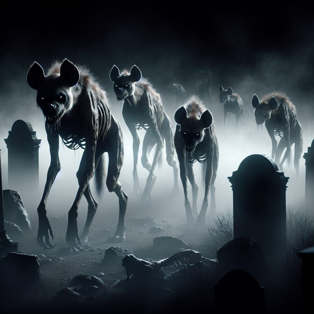 Menacing Hyenas Wander Misty Graveyard at Night