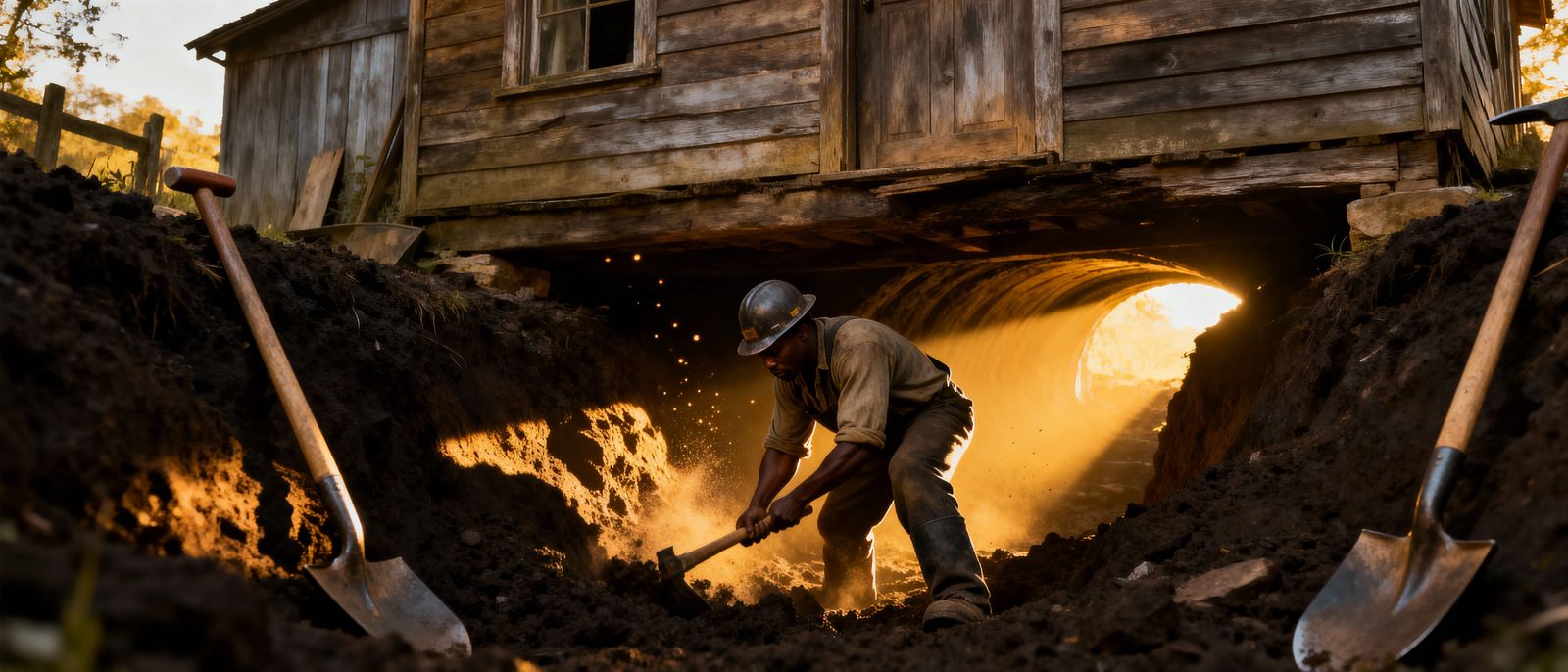 Black Man Digs Tunnel Under Rustic House in Golden Hour