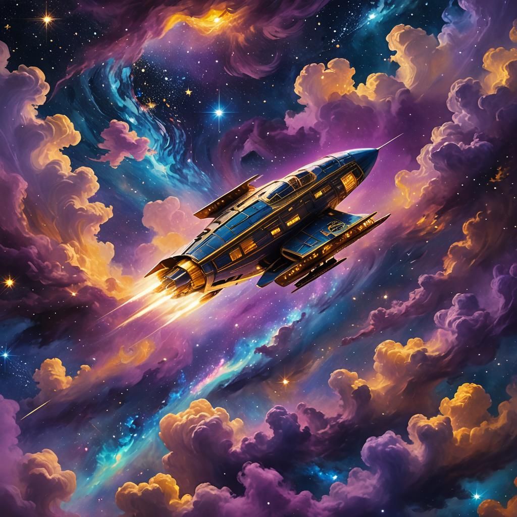 Spaceship Soaring Through Starry Night Sky