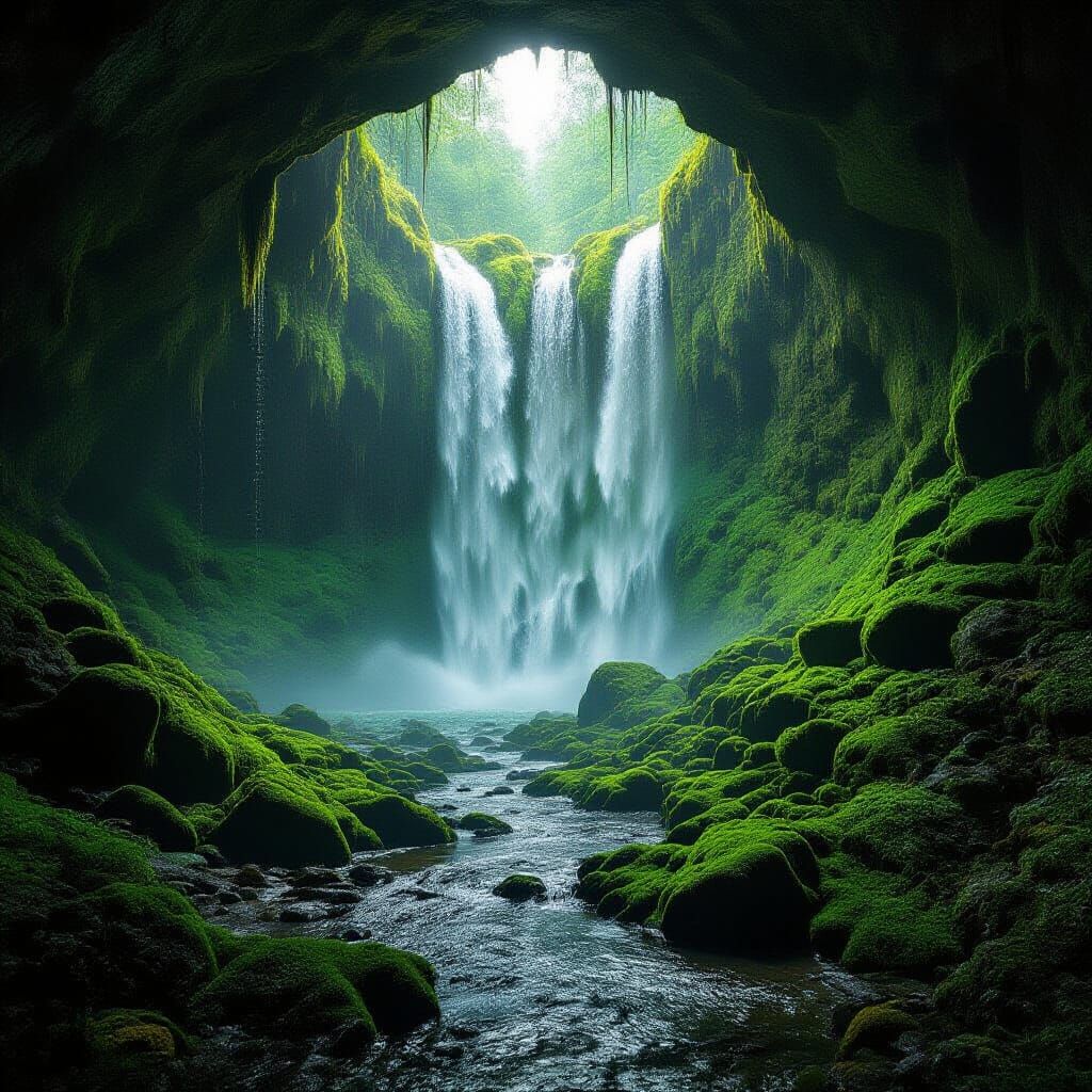 Hidden Cave Behind Waterfall with Gemstones