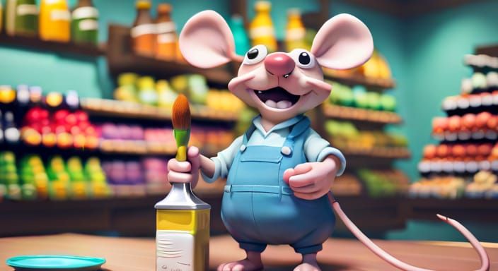 Mouse with Toy Brush in Grocery, 3D Render