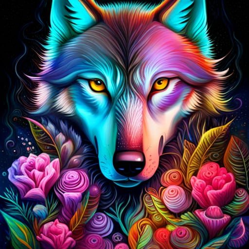 Wolf with Flowers in Graffiti Splash Art