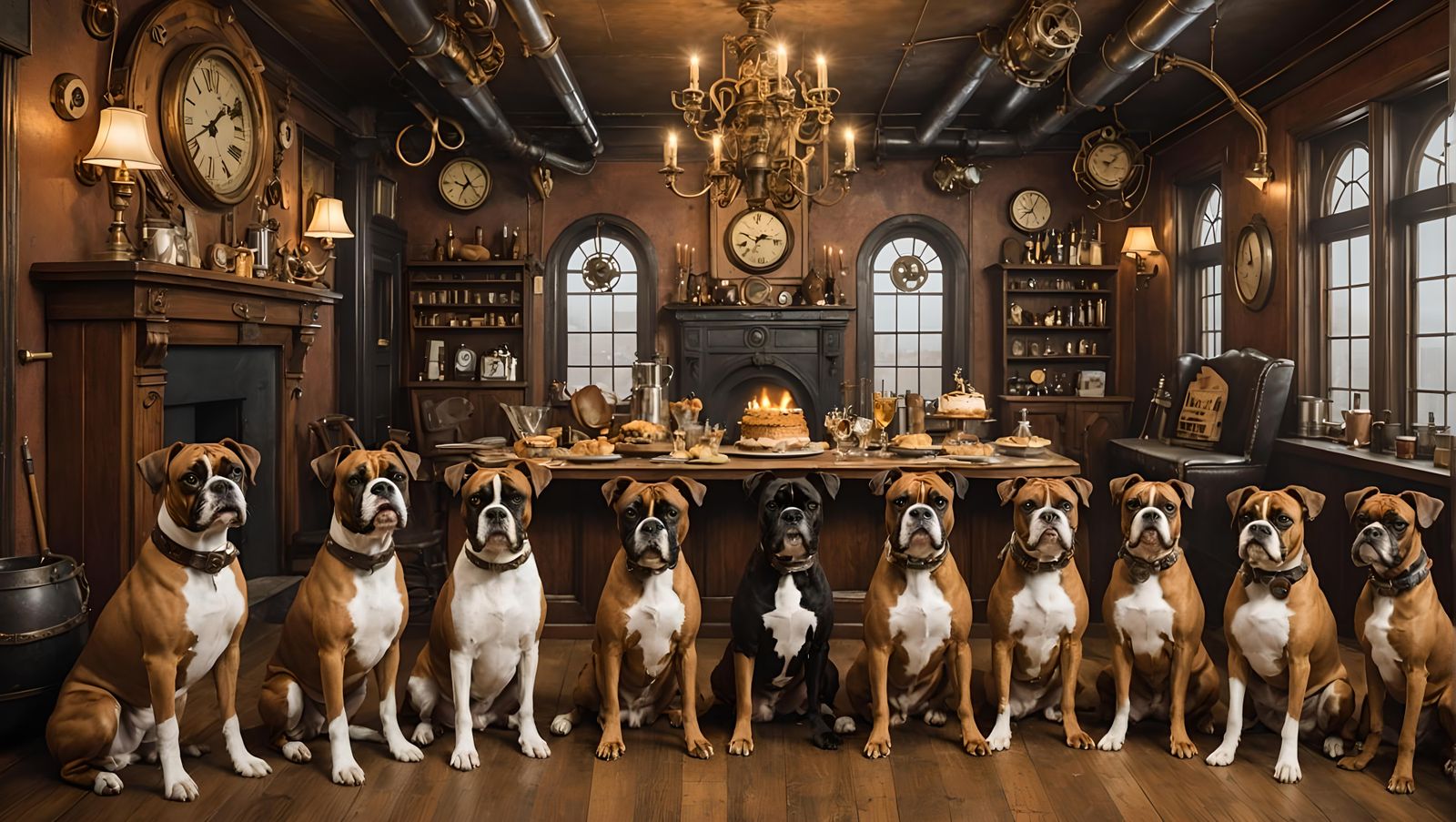 happy birthday - boxer dog party in steampunk world