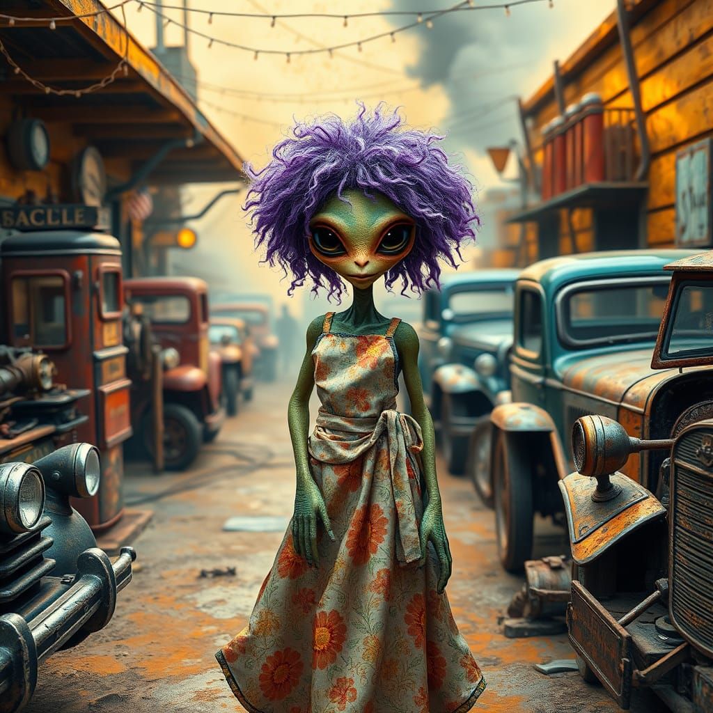 Alien Mechanic in a Dreamlike Gas Station