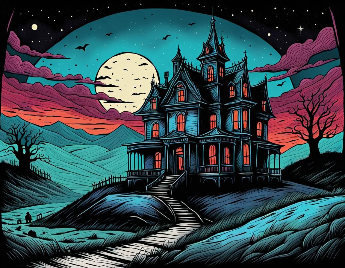 Spooky Haunted House on a Hill: Illustrative Style