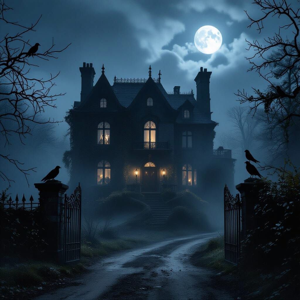 Gothic Mansion in Misty Night, Noir Style