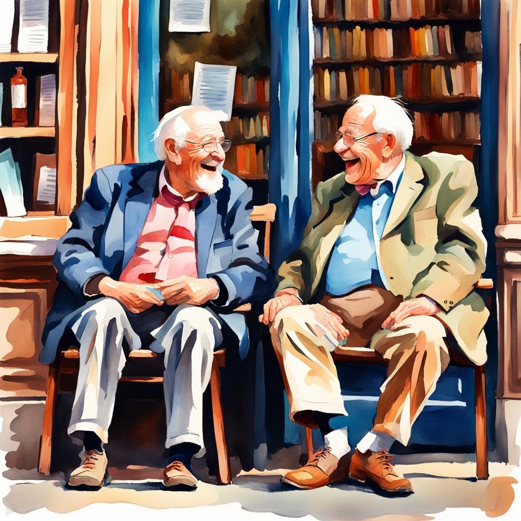 Laughing Gentlemen Outside Bookshop in Watercolor Gouache