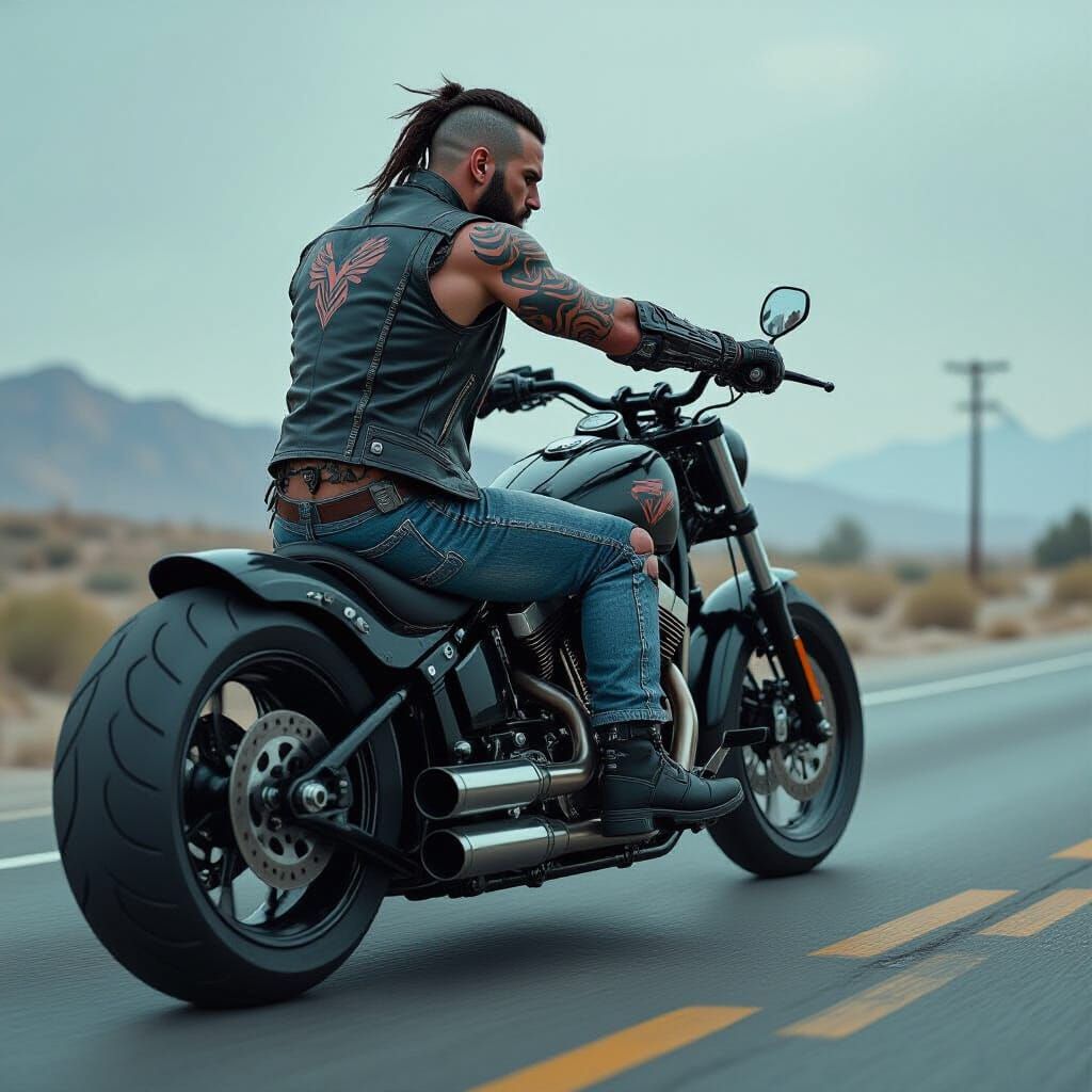 Viper Biker with Cybernetic Arm on Desert Highway