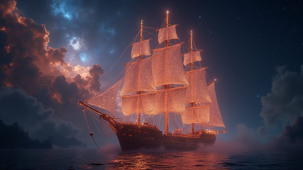 Galleon of Light in Starry Nebula, Fantasy Concept Art