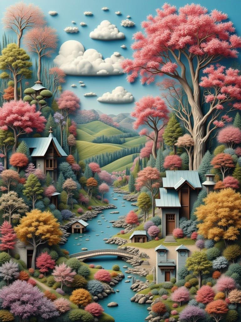 3D Landscape Concept Art with Collage Background