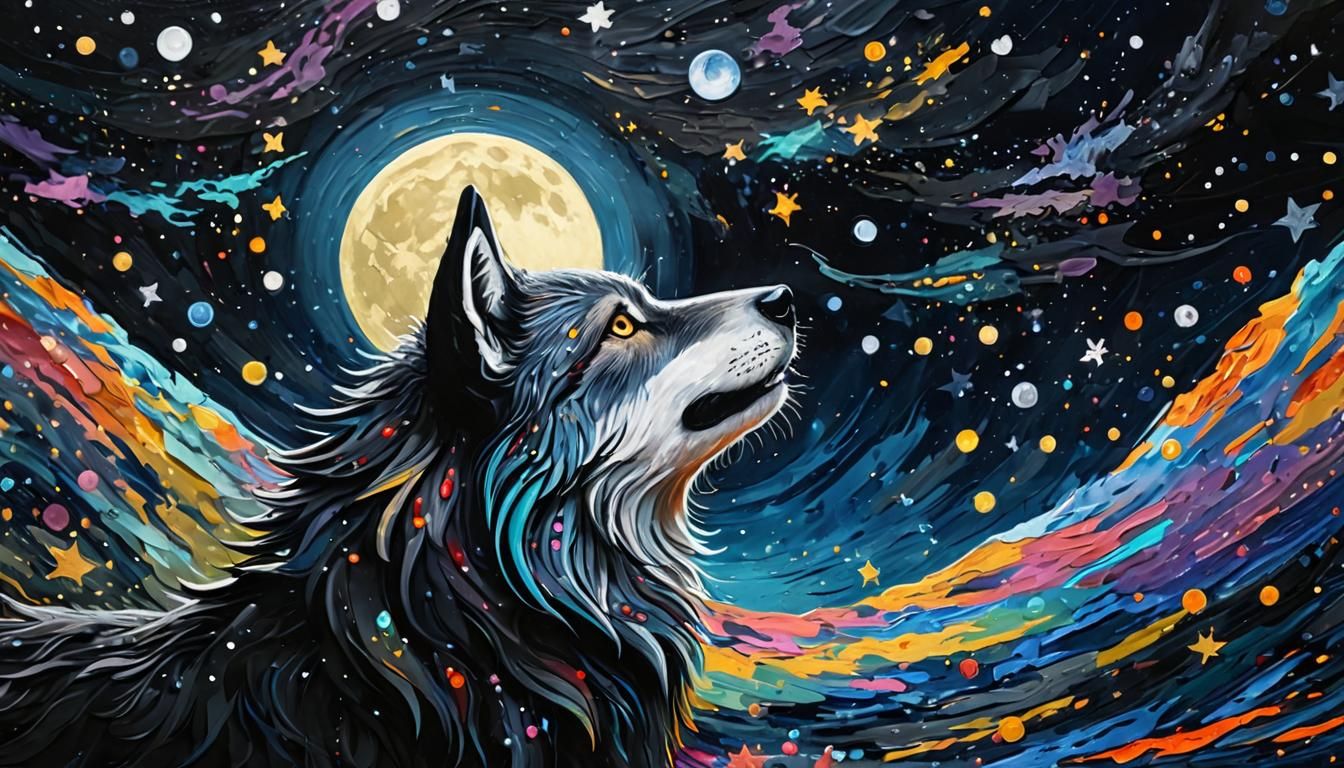 Werewolf Pack Howling Under Starry Moon, Expressionist Oil P...