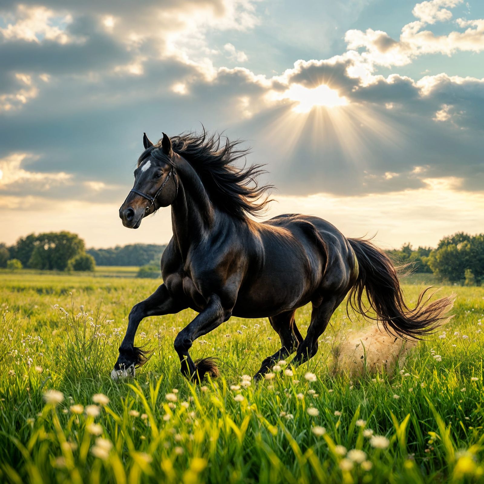 Friesian Horse Galloping Through Green Fields - Triple Expos...