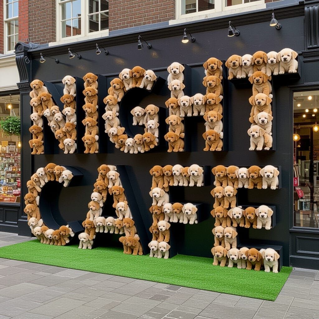 Giant Night Cafe Sign Made of Puppies