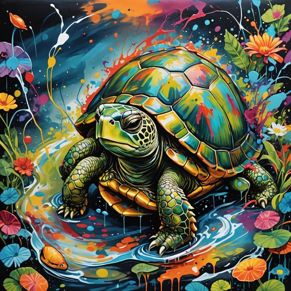 Graffiti Art of Yodeling Turtle in a Pond