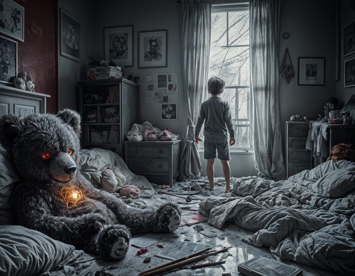 Angry Teddy Bear with Glowing Eyes in Rough Sketch Style