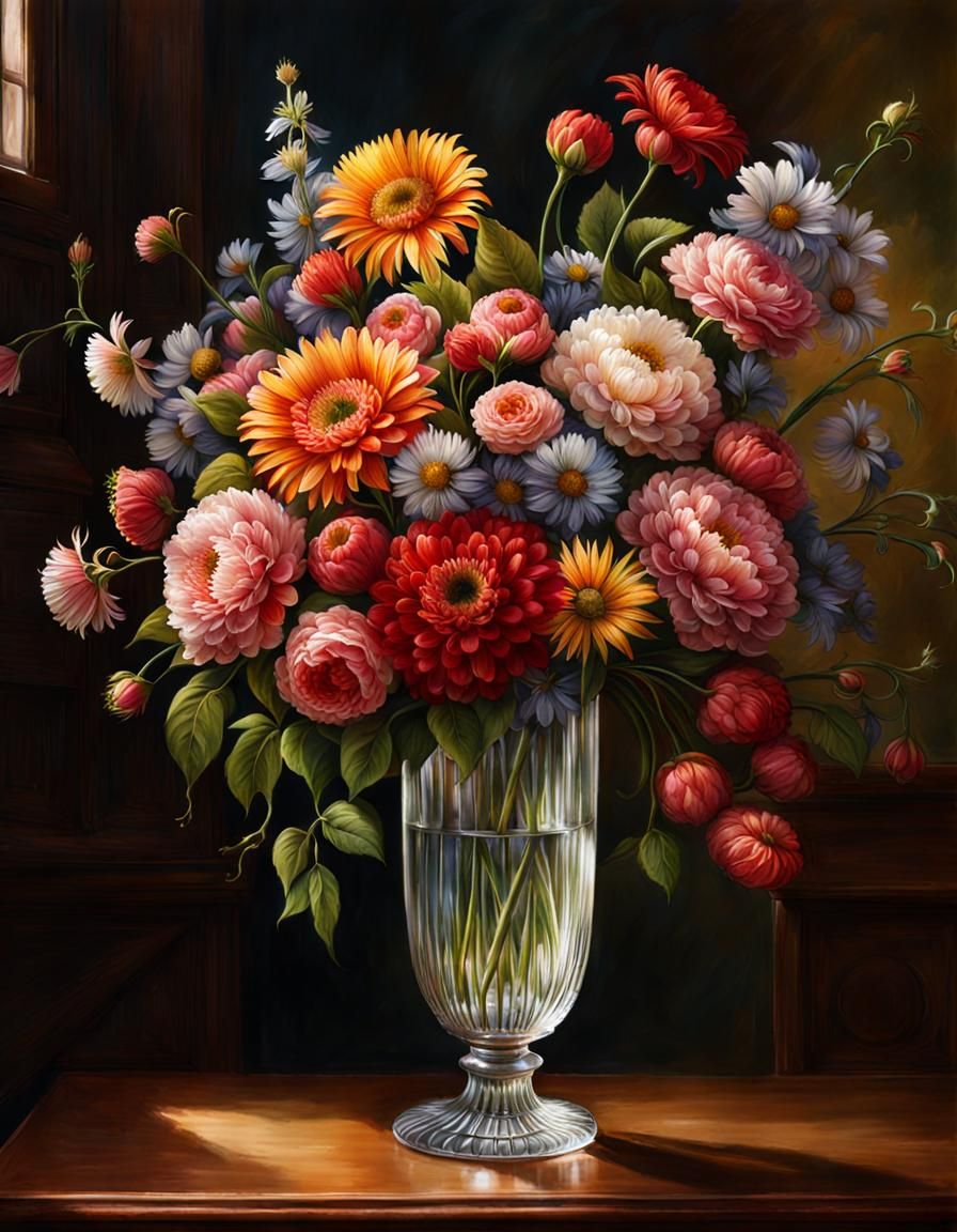 A bouquet of flowers in a cut glass vase