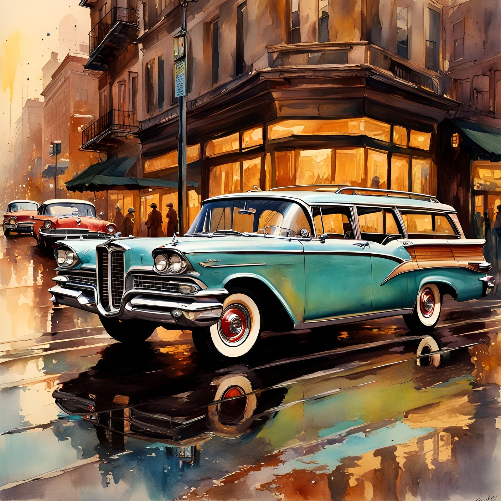 1958 Edsel Station Wagon in Watercolor Style
