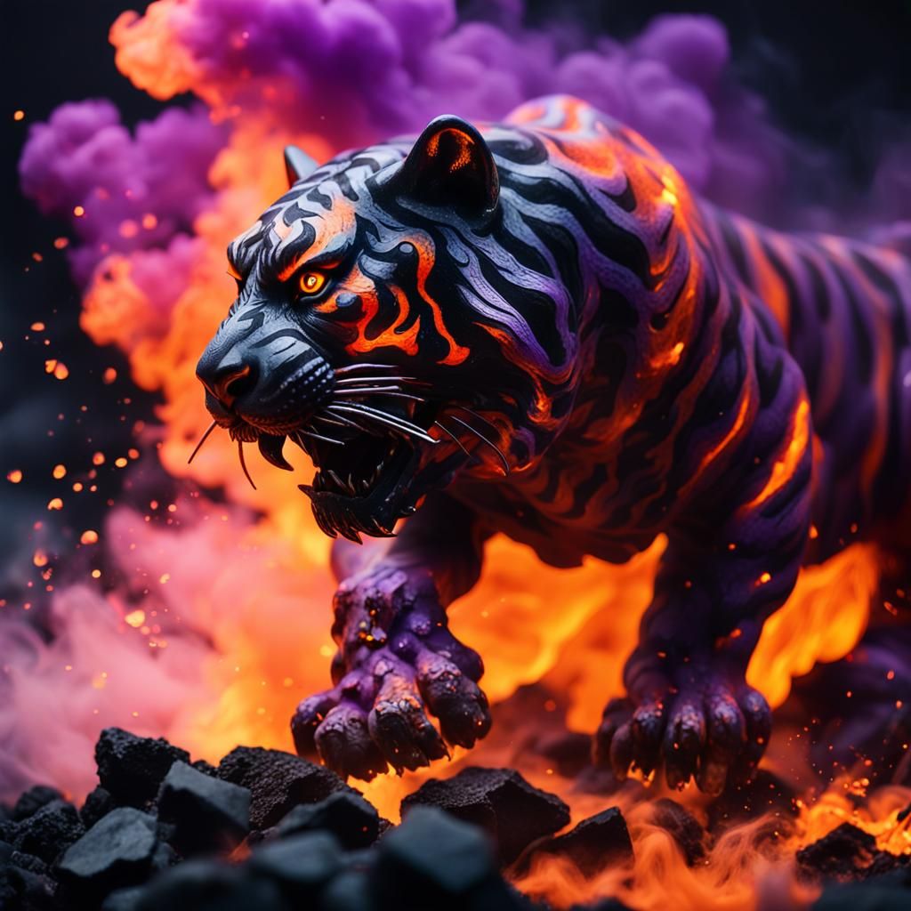 Fiery Coal Tiger Sculpture in Dark Fantasy Art