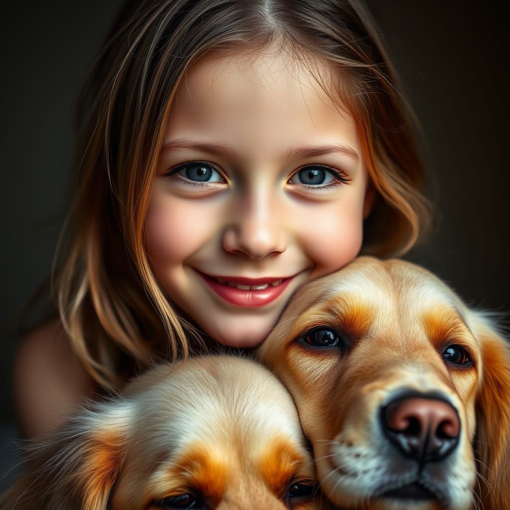 Young Girl with Gentle Smile and Loyal Golden Retriever