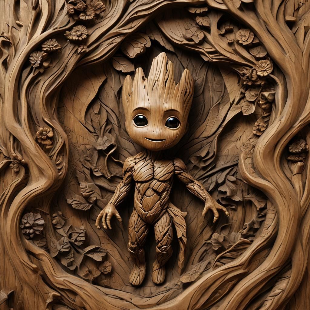 Detailed Wood Carving of Baby Groot
