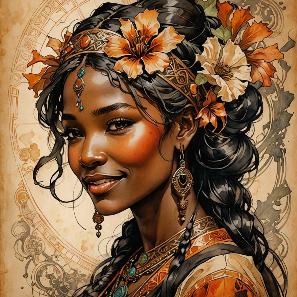 Radiant Girl in African Attire: Mixed Media Art