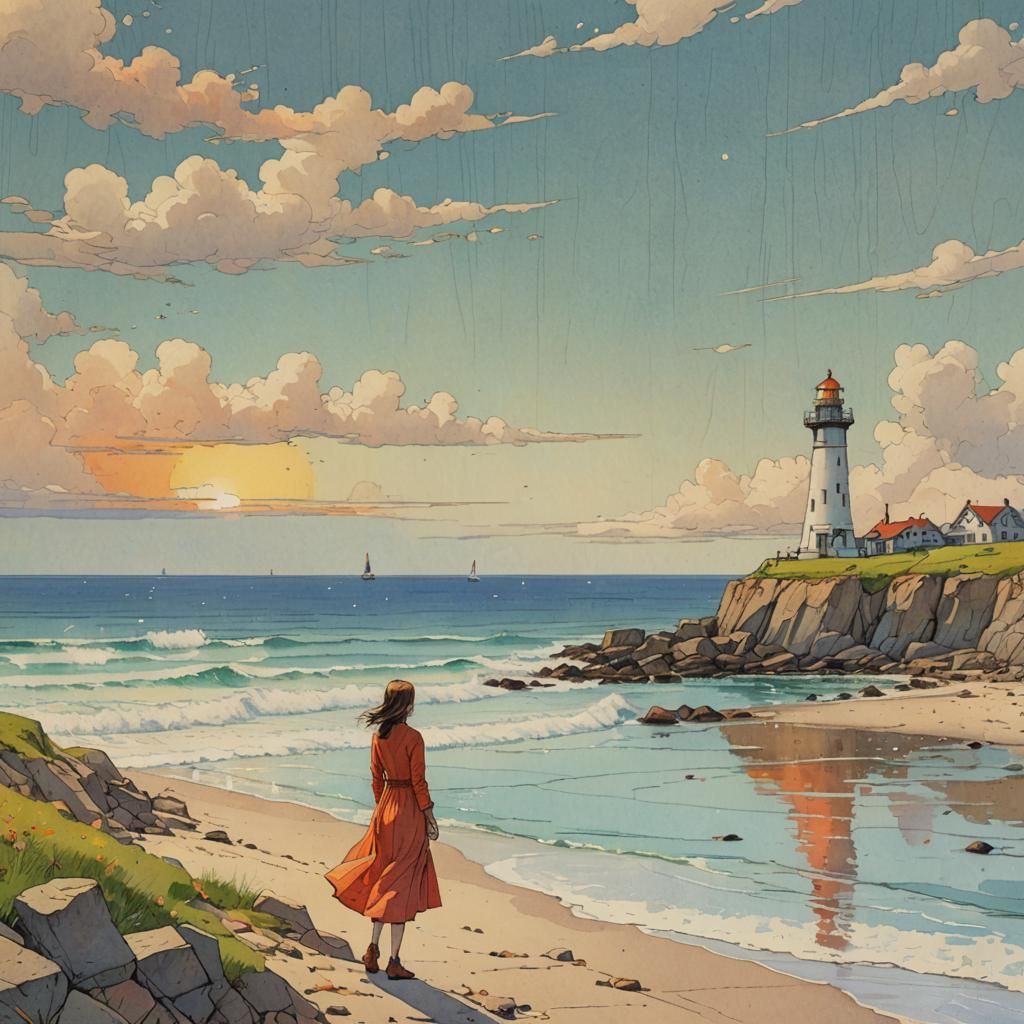 Lighthouse with Distant Woman: Pencil Sketch Masterpiece
