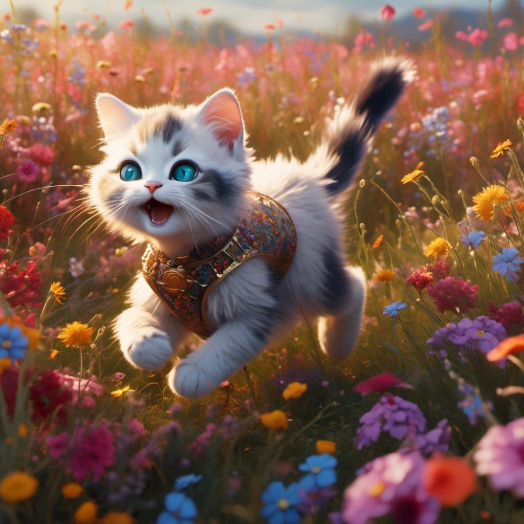 Happy Cat Running in Flower Field