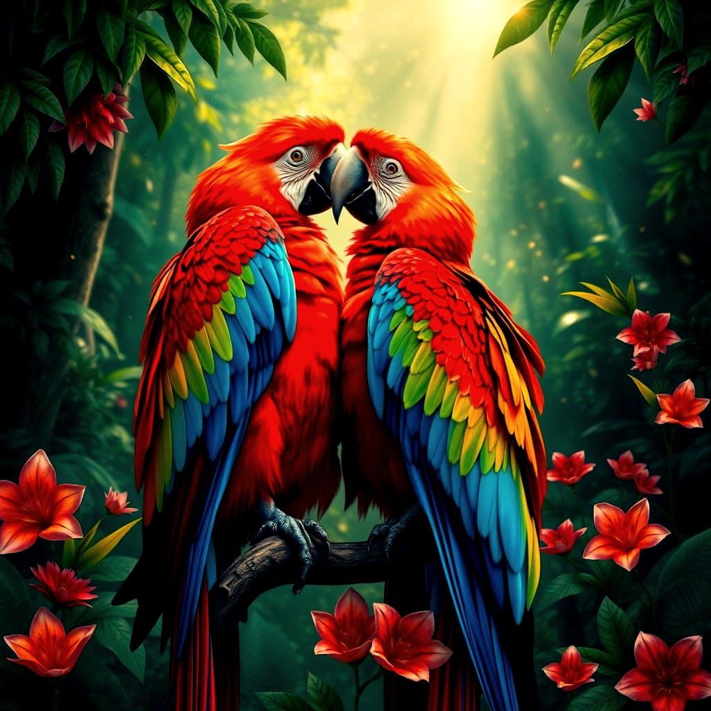 Scarlet Macaws in Tender Forest Embrace