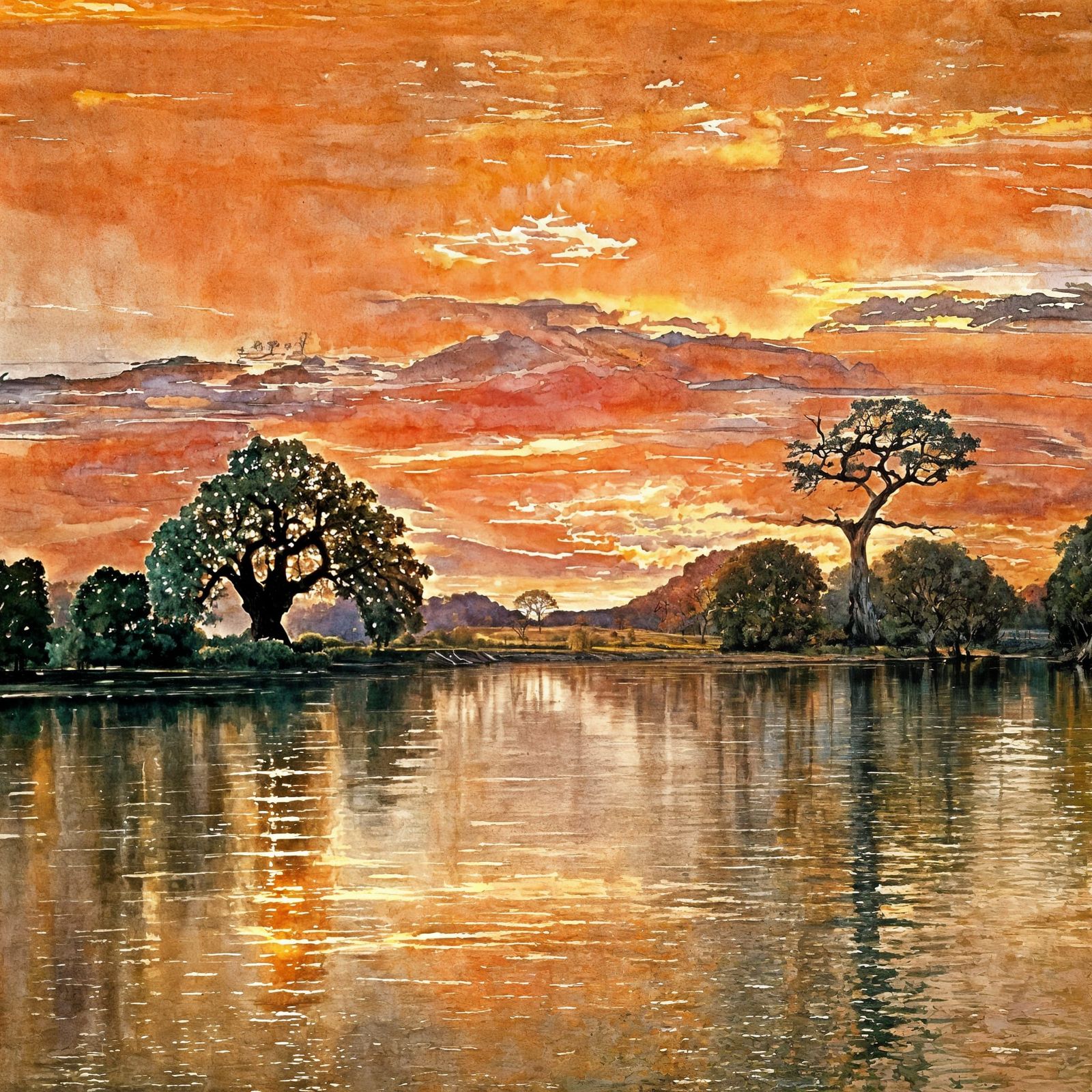 Surreal Sunset Scene with Ancient Oak