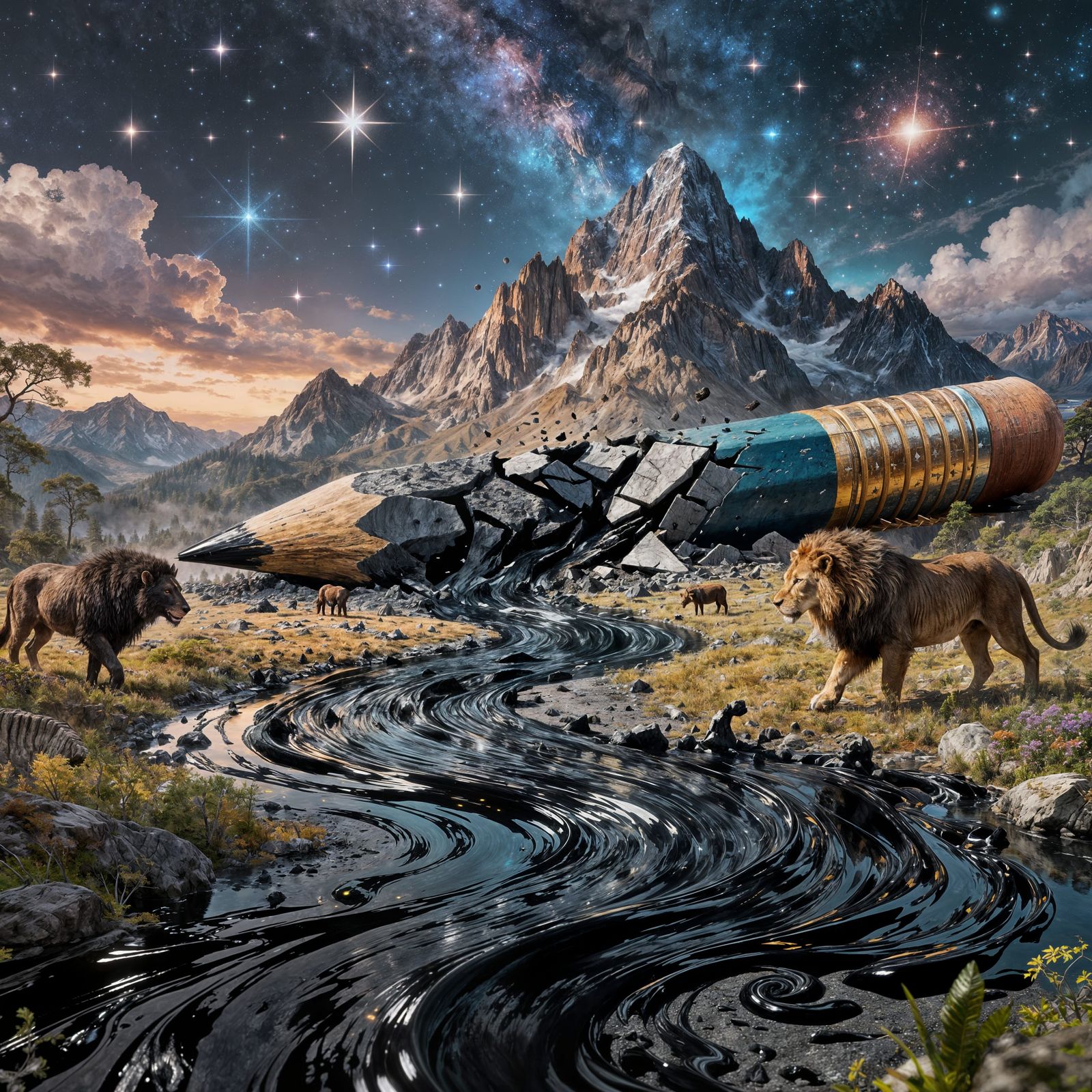 Colossal Pencil Shatters Into Ink River Forming Mountains an...