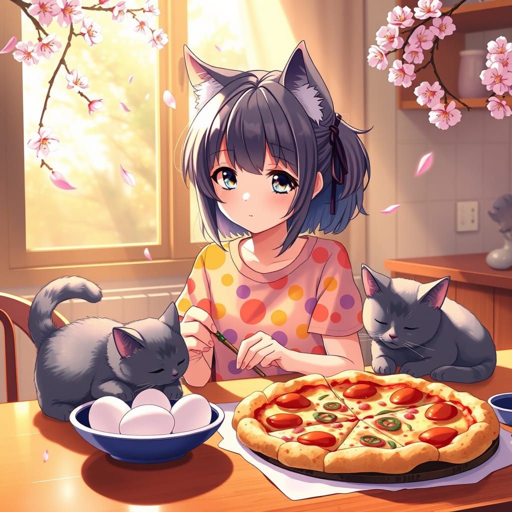 Kawaii Anime Girl Paints Eggs in Morning Kitchen