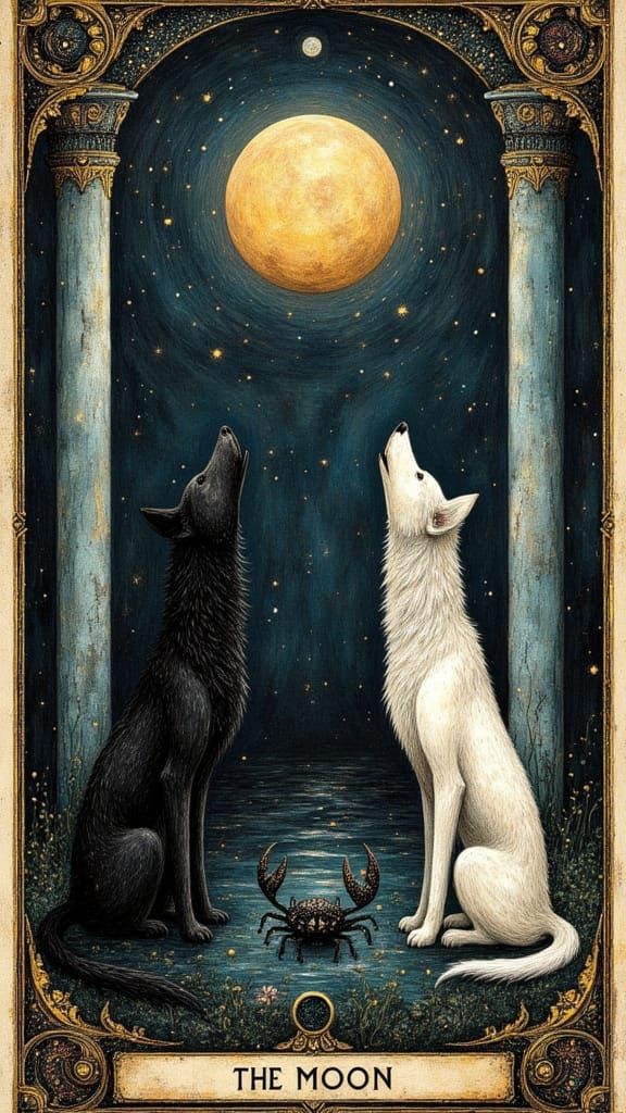 The Moon Tarot Card in Surreal Art Deco Style
