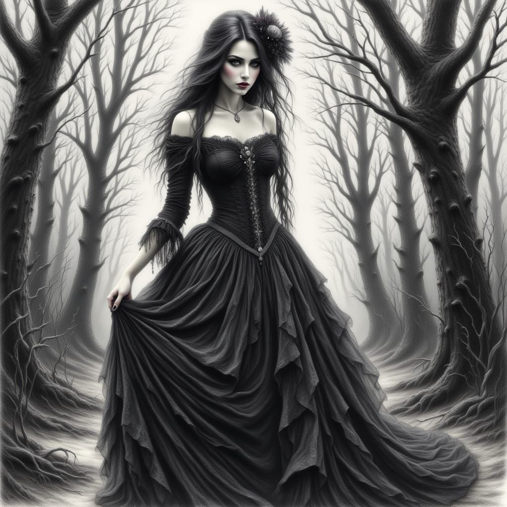 Gothic Woman in Victorian Dress, Monochrome Engraving