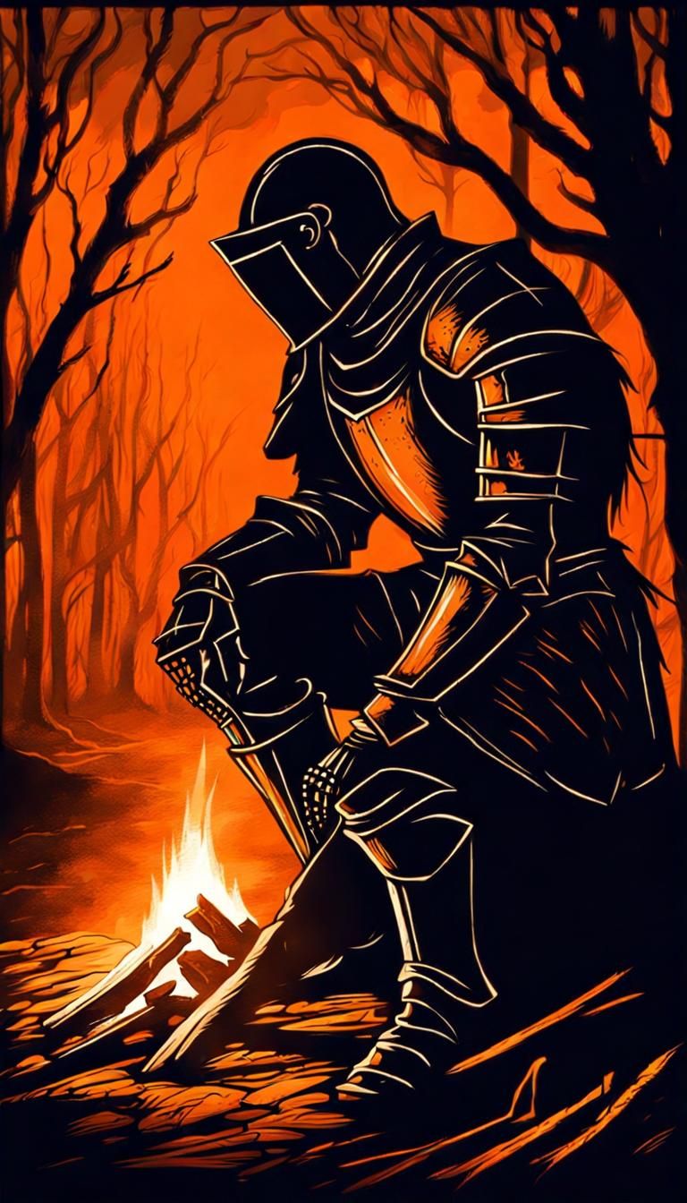 Grieving Medieval Knight in Dark Orange Silhouette