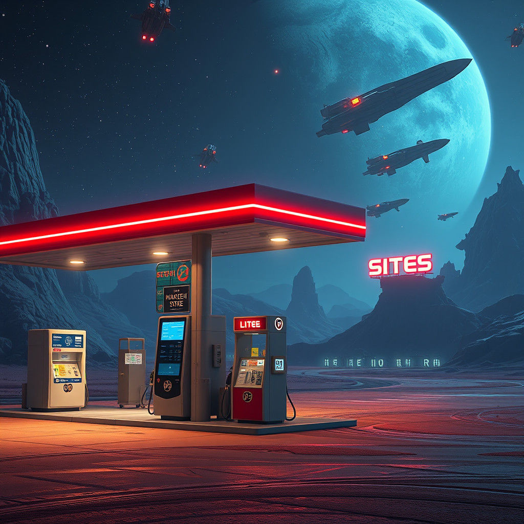 Gas Station on Alien Planet in Detailed Matte Painting