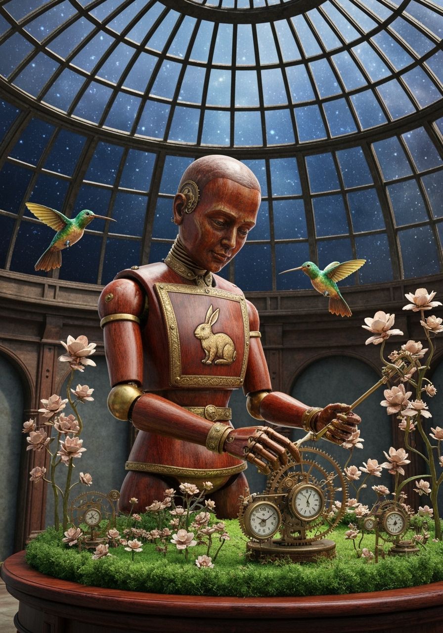 Steampunk Automaton Tends Enchanted Garden in Observatory