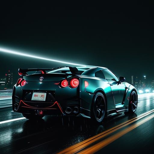 Sleek GT-R Speeds Down Rain-Soaked Highway in Neon-Lit Night